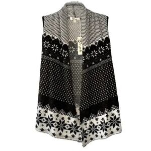 Aryeh | New Black Cream Fair Isle Open Front Sleeveless Cardigan, Large